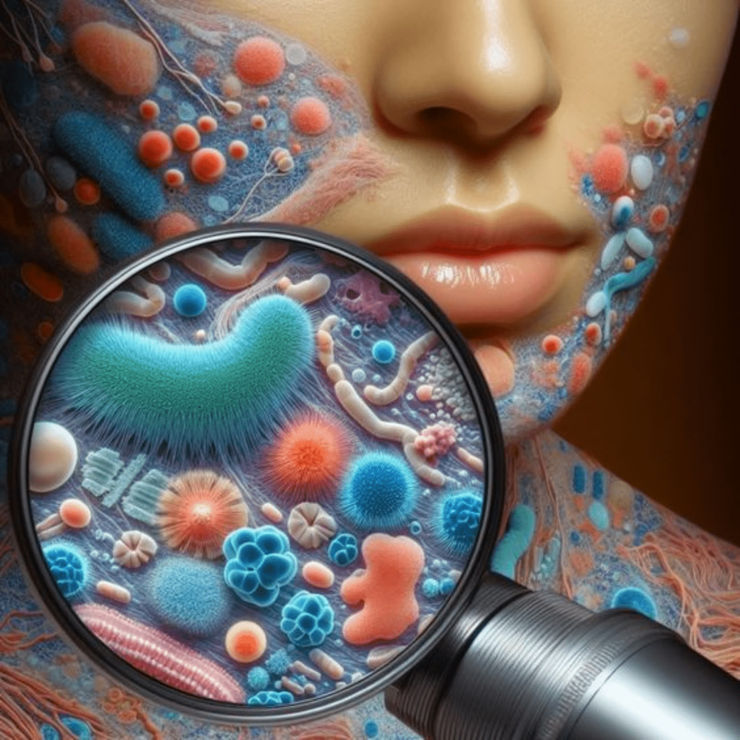 Illustration of the skin microbiome under a magnifying glass