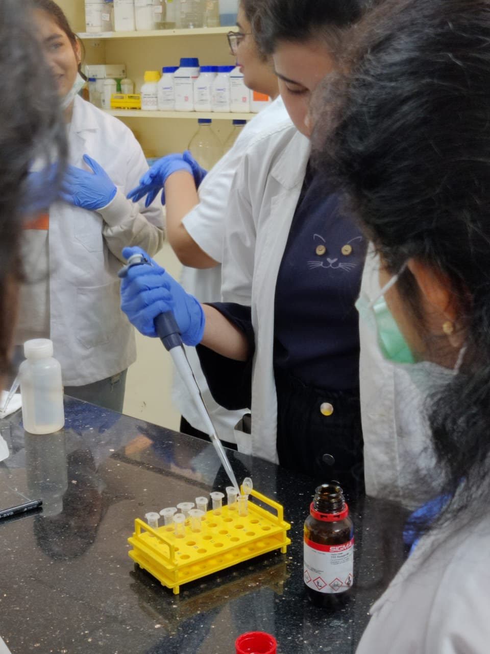 Researchers pipetting in the Azooka lab