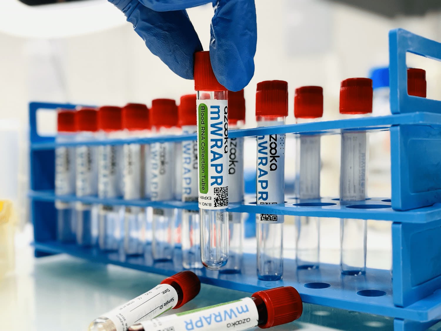 Rack of mWRAPR blood collection tubes