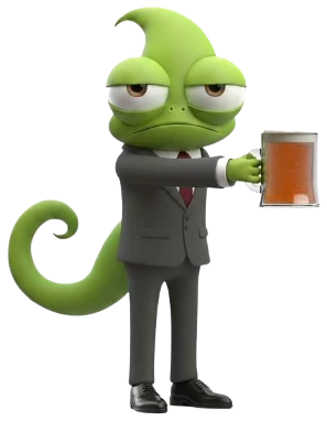 Azooka’s chameleon mascot in a suit raising a toast