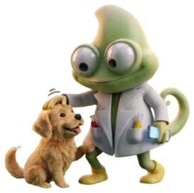 Azooka’s lab-coat chameleon mascot patting a puppy