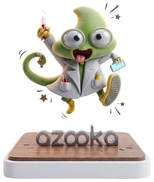 Azooka’s lab-coat chameleon mascot leaping above an Azooka plinth